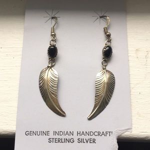 Sterling silver feather earrings with black stone